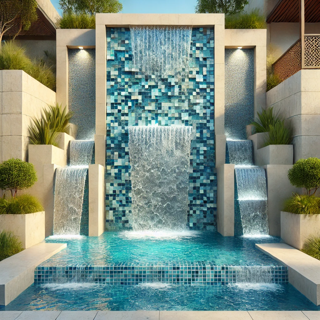 DALL·E 2025-03-20 04.21.47 - A high-quality image of a modern outdoor waterfall feature. The waterfall flows elegantly from a contemporary, rectangular structure covered with vibr