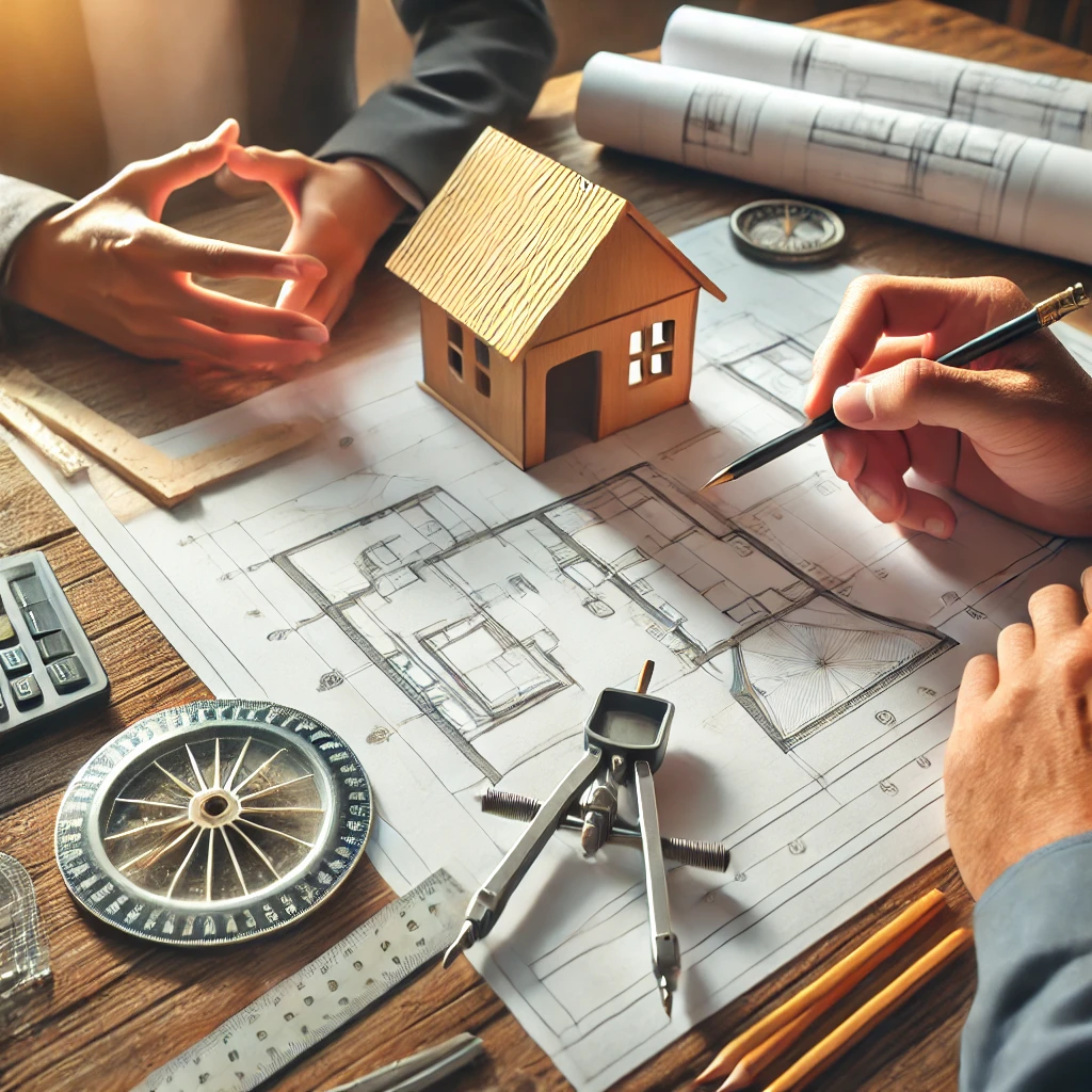 DALL·E 2025-03-25 06.30.41 - A professional close-up image depicting an engineering or architectural meeting scene. Include architectural blueprints, pencils, a ruler, a compass,