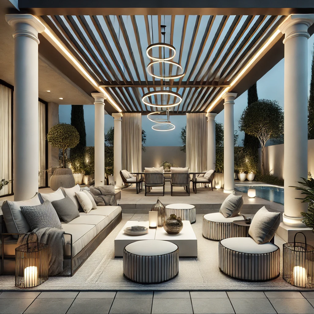 DALL·E 2025-03-25 07.20.17 - A realistic, modern outdoor seating area featuring a stylish pergola with comfortable seating, contemporary furniture, elegant lighting, and cozy ambi