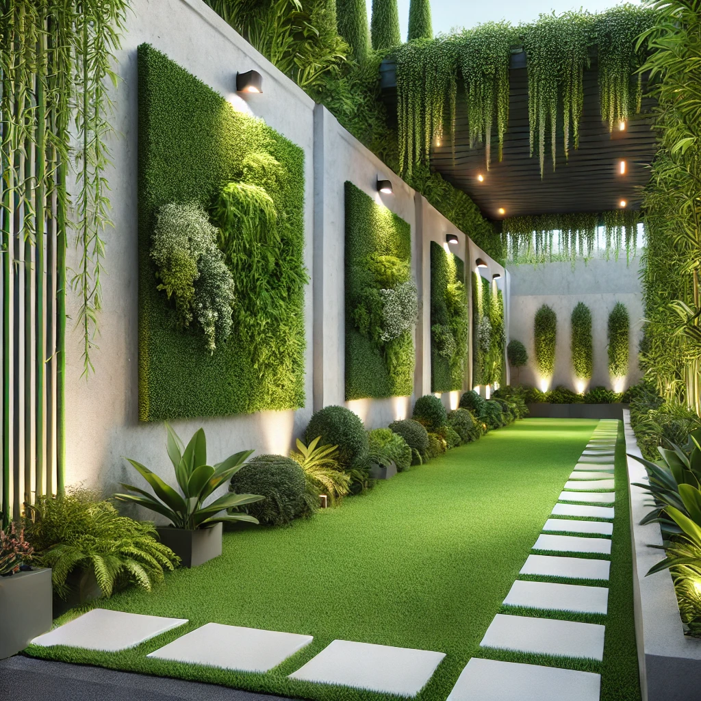 DALL·E 2025-03-25 07.23.17 - A realistic modern garden space featuring lush green artificial turf, decorative vertical gardens on walls, and stylish pathway made from rectangular